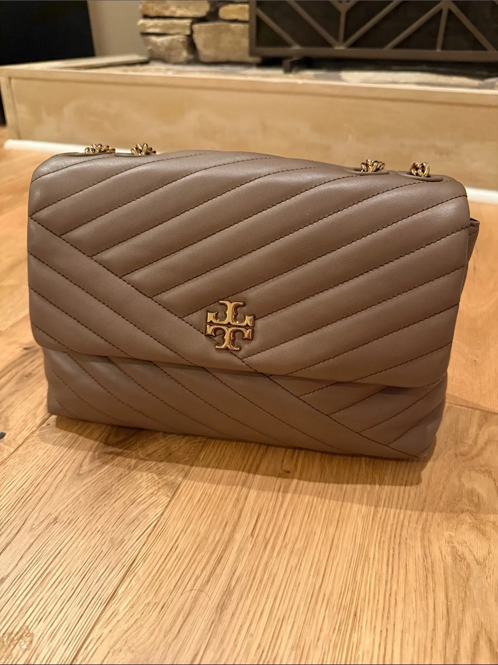 Tory Burch Quilted Shoulder Bag in Taupe with Gold Hardware